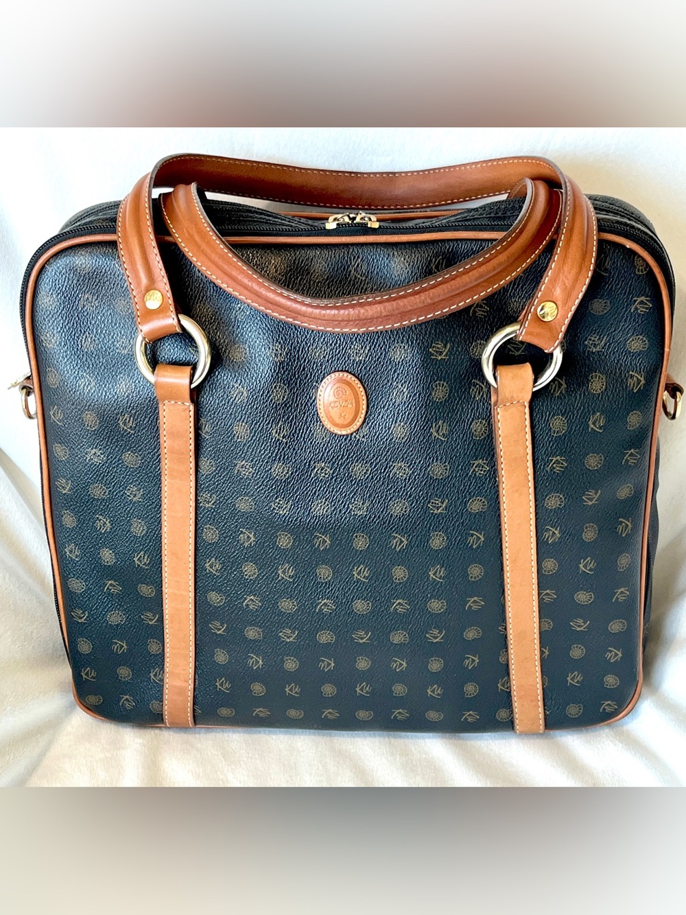 Vintage Kenzia By KU Italy Monogram Briefcase Tote Satchel Bag Black Tan Trim